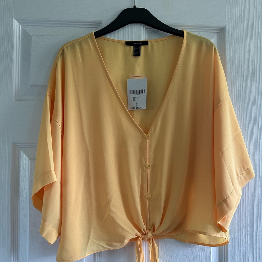 Yellow button up + front tie chiffon blouse